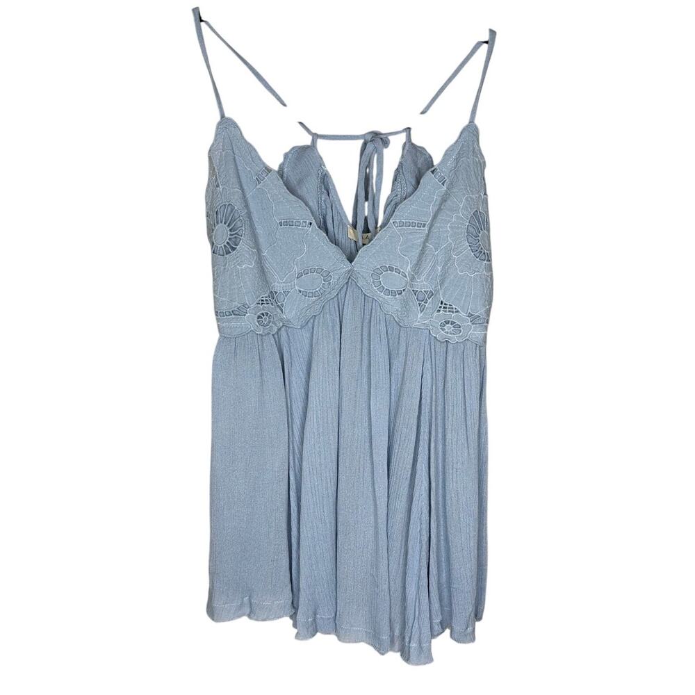 Illa Illa Light Blue Lace Trim Babydoll Top S Open Back Tie Strap Boho Raw Hem
